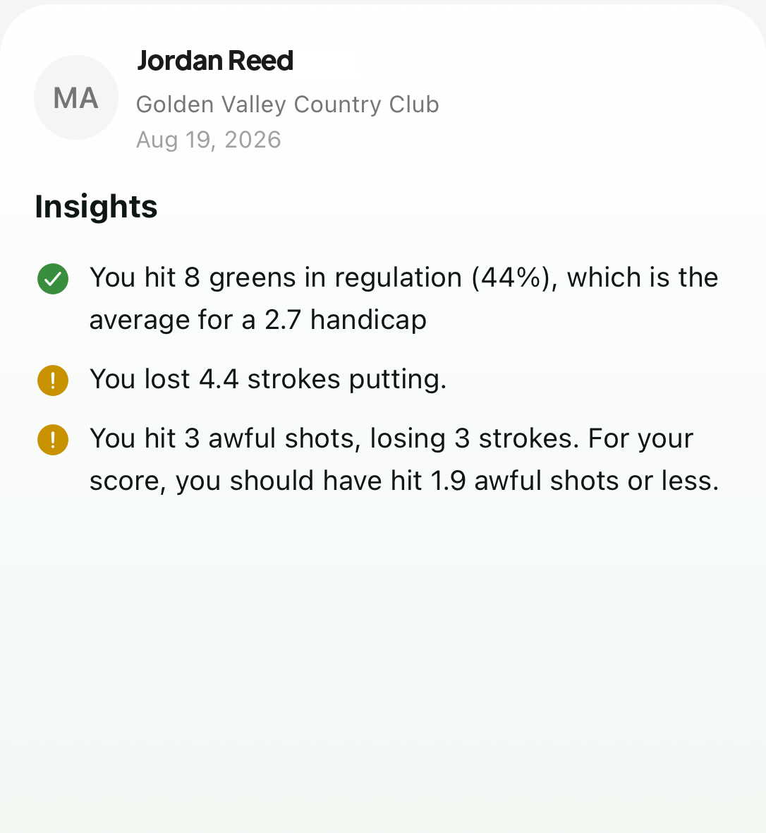 Post-round insights slide with strength and weakness callouts