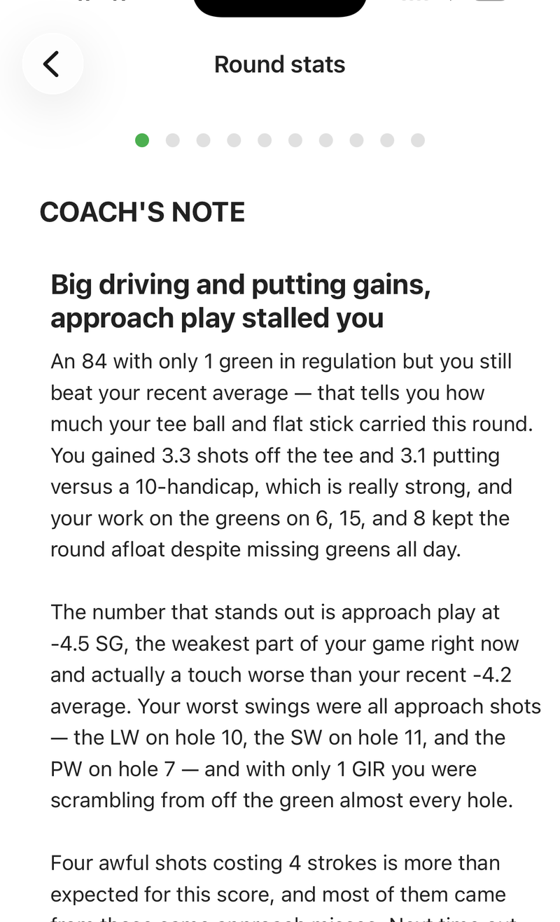 A coach's note on the round stats screen, with a headline about driving and putting gains and approach play costing strokes, naming specific wedges and holes