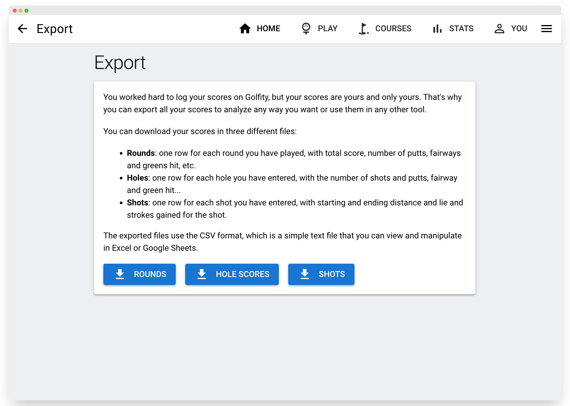 golfity export screen showing three export options
