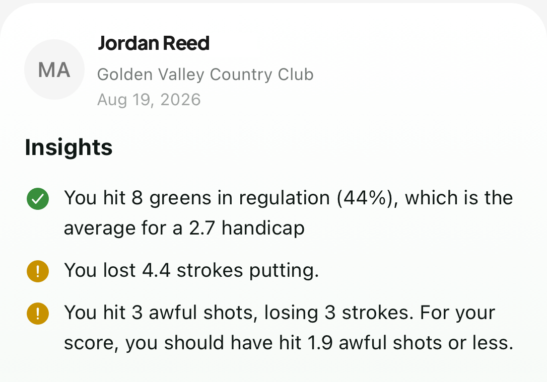 The insights card from a golfity round, listing one strength with a green check and two weaknesses with amber alert icons