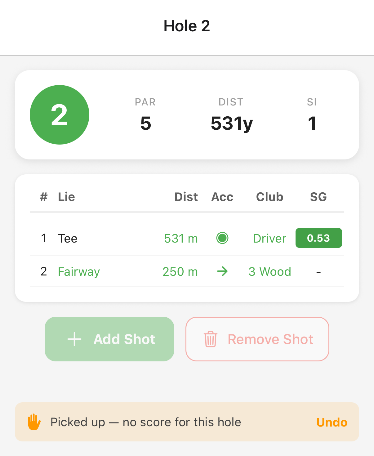 golfity's hole editor with the pick-up ball option, showing the hole marked as picked up with no score
