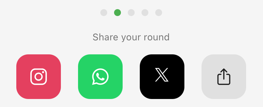 Share row under the post-round carousel with Instagram, WhatsApp, X and system share